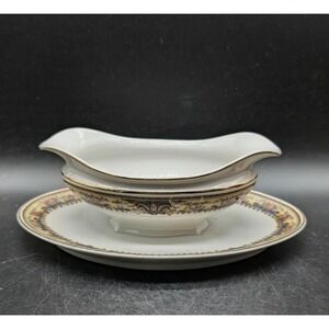 Limoges France Porcelain Gravy Boat Attached Underplate Floral Gold Gilt Vintage
